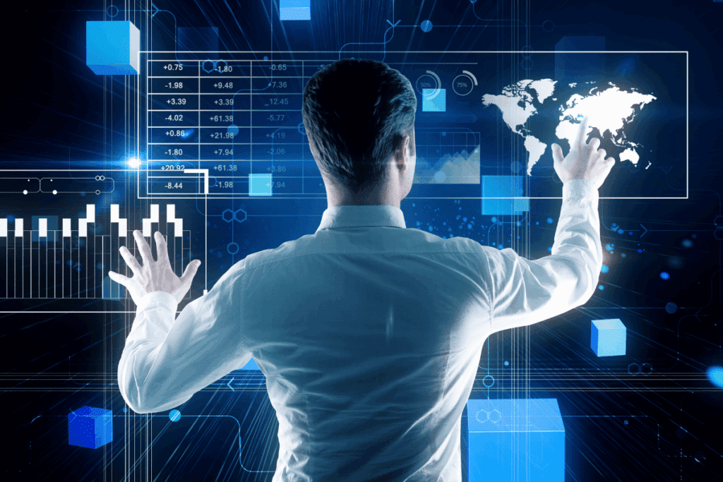Aplicaciones y resultados del machine learning en la industria. Hombre de negocios analizando gráficos predictivos generados por un sistema de machine learning.