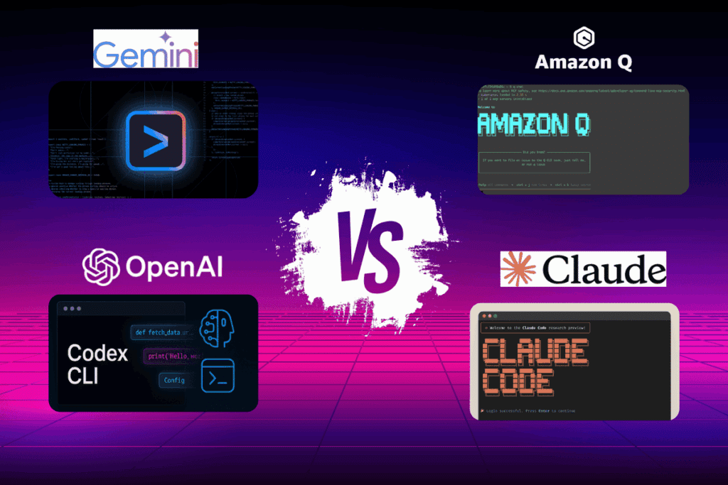 Portada de blog que muestra los logos de Claude, Gemini, Amazon Q y Codex en una configuración de 'versus' sobre un fondo tecnológico futurista con luces de neón azules y rojas, simbolizando la competencia entre estas plataformas de inteligencia artificial.