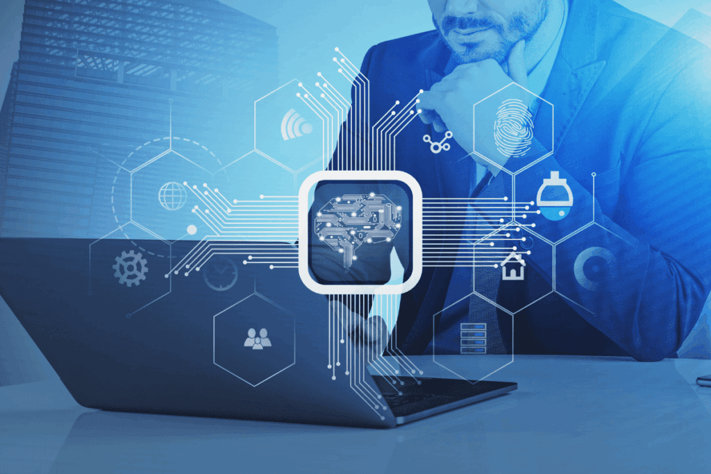 Proceso de creación de un algoritmo de machine learning. Ingeniero de datos diseñando un modelo de machine learning en una interfaz digital interactiva.