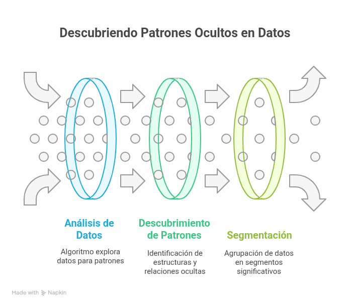 Descubrimiento de patrones con Aprendizaje No Supervisado. Gráfico del método de aprendizaje no supervisado que muestra un algoritmo organizando datos sin etiquetar en grupos o clústeres.